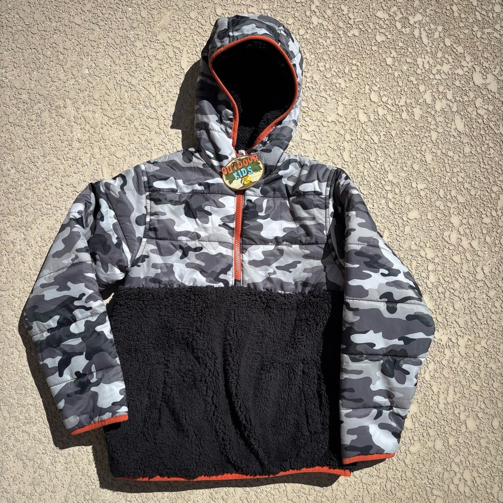 Bass Pro Shops Boys Puffer Sherpa Jacket Half Zip Gray Camo Large Outdoor